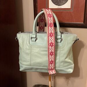 Tignanello Mint Green Leather Tote Bag with Embroidered Strap